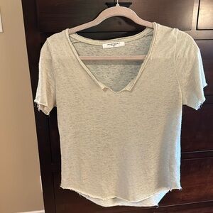 Project Social- raw frayed edge v-neck tee. Size small. Light green color.